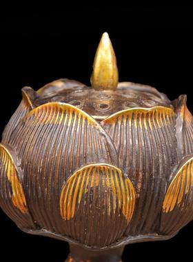 宏达 黄铜仿古鎏金莲花铜香炉 大号莲花熏香炉家居铜器摆件