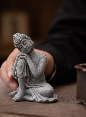青砂石沉思佛摆件微景观鱼缸造景假山盆景客厅禅意茶桌面石头坐佛