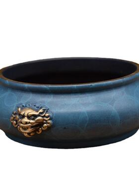 宏达 黄铜烤色狮头浅底炉 铜熏香炉创意摆件