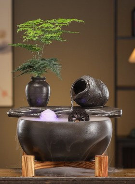 创意小型招财流水摆件循环水陶瓷缸陶罐装饰桌面造景山水古法鱼缸