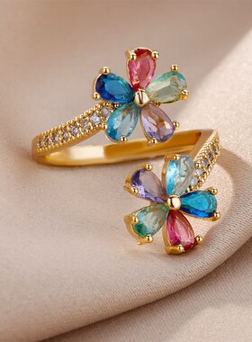 Green Zircon Water Drop Flower Rings for Women Open