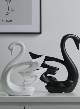 贝汉美北欧简约黑白情侣天鹅摆件结婚礼物创意客厅酒柜装饰品陶瓷