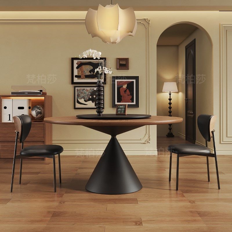 中古风圆桌实木纹理圆形岩板餐桌法式复古奶油家用高端带转盘饭桌,淘宝优惠券,粉丝福利购,淘宝优惠卷