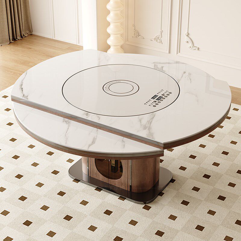 中古风实木岩板伸缩餐桌家用小户型多功能电磁炉内嵌转盘方圆两用,淘宝优惠券,粉丝福利购,淘宝优惠卷