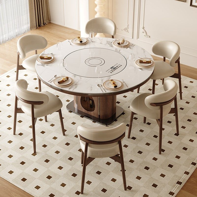 中古风实木岩板伸缩餐桌家用小户型多功能电磁炉内嵌转盘方圆两用,淘宝优惠券,粉丝福利购,淘宝优惠卷