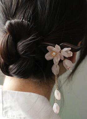 Wooden Hair Sticks Pearl Flower Tassel Hairpin Chinese Hanfu