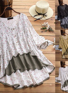 Blouse Shirt 2021 Women Casual Irregular Floral Print Patchw