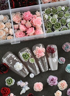 12Grids 3D Gradient Resin Rose Flower Nail Art Charms Colorf