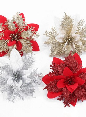 1/5/10pcs Glitter Artificial Flowers Merry Christmas Ornamen