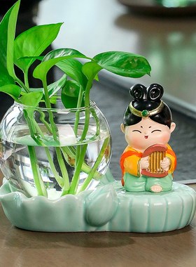 唐仕客厅工位插花玻璃器皿水养绿萝水培花瓶办公桌面装饰摆件