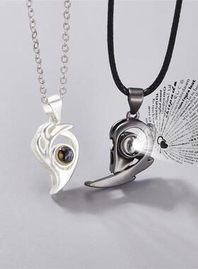 Titanium Stainless Steel Flame Magnetic Heart Couple Necklac