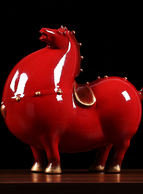 招财红色唐马摆件陶瓷家居客厅办公桌面酒柜装饰摆设瓷器马工艺品