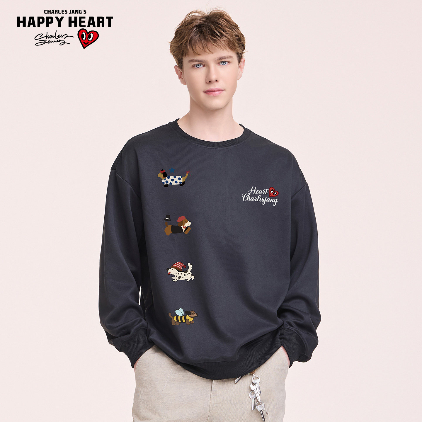 【王楚然代言】查尔斯桃心可爱小狗印花空气层春秋情侣圆领卫衣