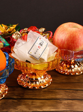 水晶琉璃莲花小号供盘供果盘合金贡盘七彩水果盘家用客厅佛前摆件