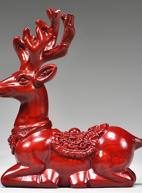 红色木雕梅花鹿摆件家居客厅实木麋鹿一对工艺品桌面摆设酒柜装饰