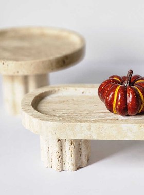 侘寂风大理石托盘复古黄洞石高脚果盘装饰盘民宿样板间软装摆件