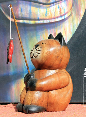 泰国实木创意东南亚风格小猫钓鱼木雕家居客厅花架小猫咪摆件