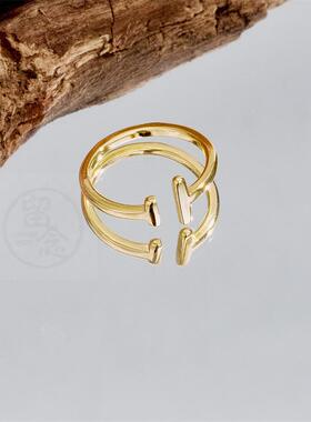 。Parallel bars ring womens copper electroplating real 14K