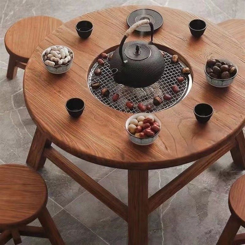 老榆木高档围炉煮茶冰茶全桌子阳台庭院圆形实木茶桌烧烤火锅桌,淘宝优惠券,粉丝福利购,淘宝优惠卷