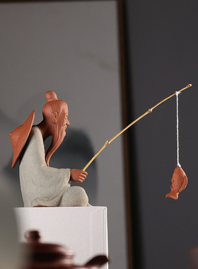 中式创意人物姜太公钓鱼陶瓷摆件客厅鱼缸水族布景假山造景装饰品