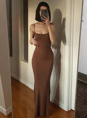 2019Women Sexy Spaghetti Strap Black Skims Long Dress 2025 S