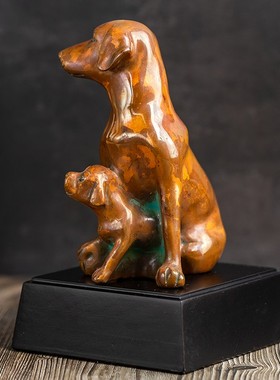 云南斑铜子母旺财狗客厅书房办公室装饰萌狗铜摆件