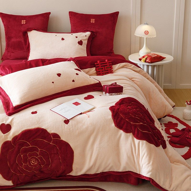 美谊家纺浪漫玫瑰结婚四件冬季加厚婚嫁被婚庆刺绣床品,淘宝优惠券,粉丝福利购,淘宝优惠卷