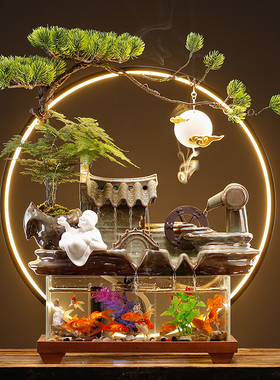 流水小型鱼缸招财摆件家居客厅桌面装饰品水循环景观乔迁开业礼品