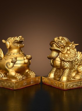 纯黄铜貔貅摆件一母带底皮丘公司办公室前台客厅玄关装饰工艺