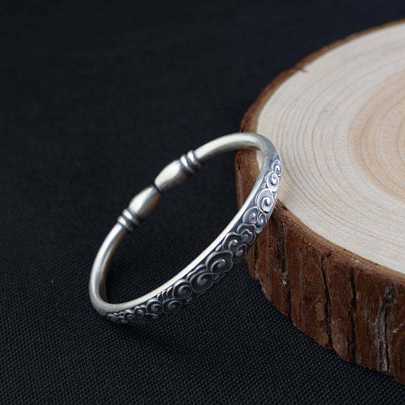 金鹿王 S990足银手镯复古做旧民族风女款祥云实心圆头开口手环,淘宝优惠券,粉丝福利购,淘宝优惠卷