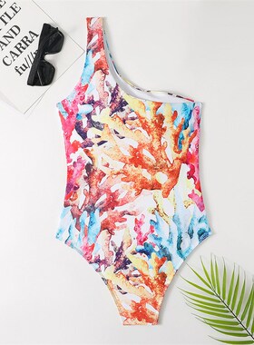 One Piece Swimsuit Women Bodysuit Print One Shoulder Swimwea