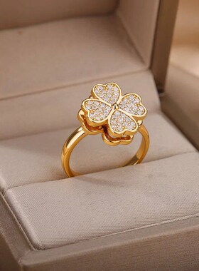 Zircon Rotatable Four Leaf Clover Anxiety Rings For Women St