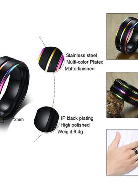 Vnox Black Stainless Steel Basic Ring for Men With Rainbow L