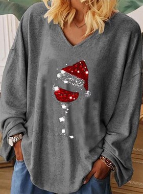 2020 Elegant Christmas Wine Glass Printed Blouse Shirt Women