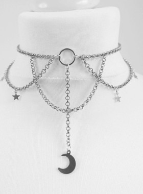 Goth Tattoo Inverted Crescent Sretchy Chain Choker Black Moo