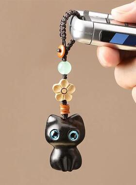Sandalwood Wooden Lucky Cat Keychain Car Keys Pendant Charms