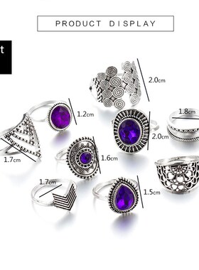Tocona 9pcs/set Purple Crystal Stone Vintage Silver Rings fo
