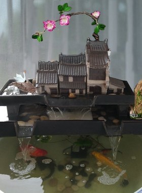 鱼缸摆件陶瓷流水循环创意假山石槽水缸水池喷泉造景养鱼盆配件新