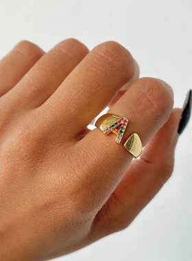Rainbow Zircon Letter Rings For Women Fashion Chunky Wide Le