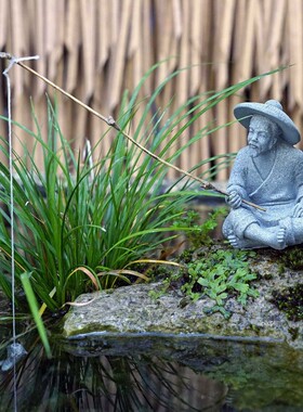 钓鱼翁小摆件中式微缩景观造景装饰摆设假山盆景布景配件创意趣味