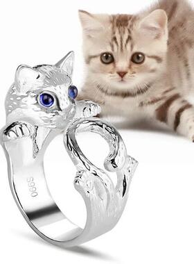 Cute+Cat+Ring+Blue+Eye+Cat+Silver+Plated+Gemstone+Finger+Rin