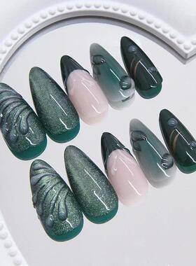 24pcs French Almond Press on Nails Retro Green Cat Eye Fake