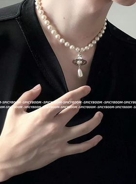 W3Studio立体土星orb单层珍珠水滴项链轻奢小众高级感气质锁骨链