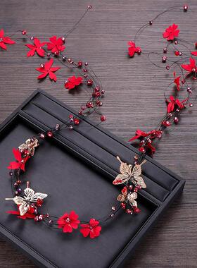Red Crystal Beads Headband Tiara Butterfly Flower Barrette L