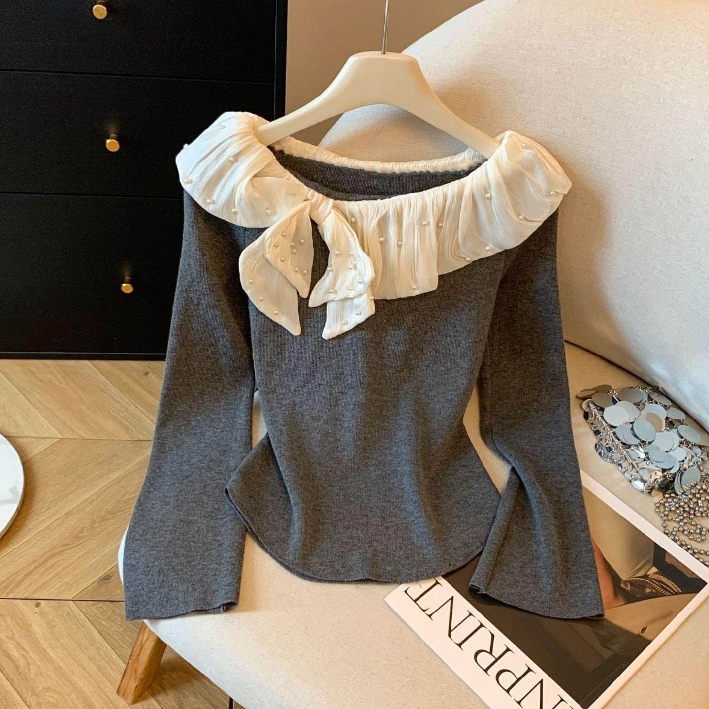 纯欲性感一字领德绒长袖针织衫女秋冬新款设计感钉珠花边拼接上衣,淘宝优惠券,粉丝福利购,淘宝优惠卷