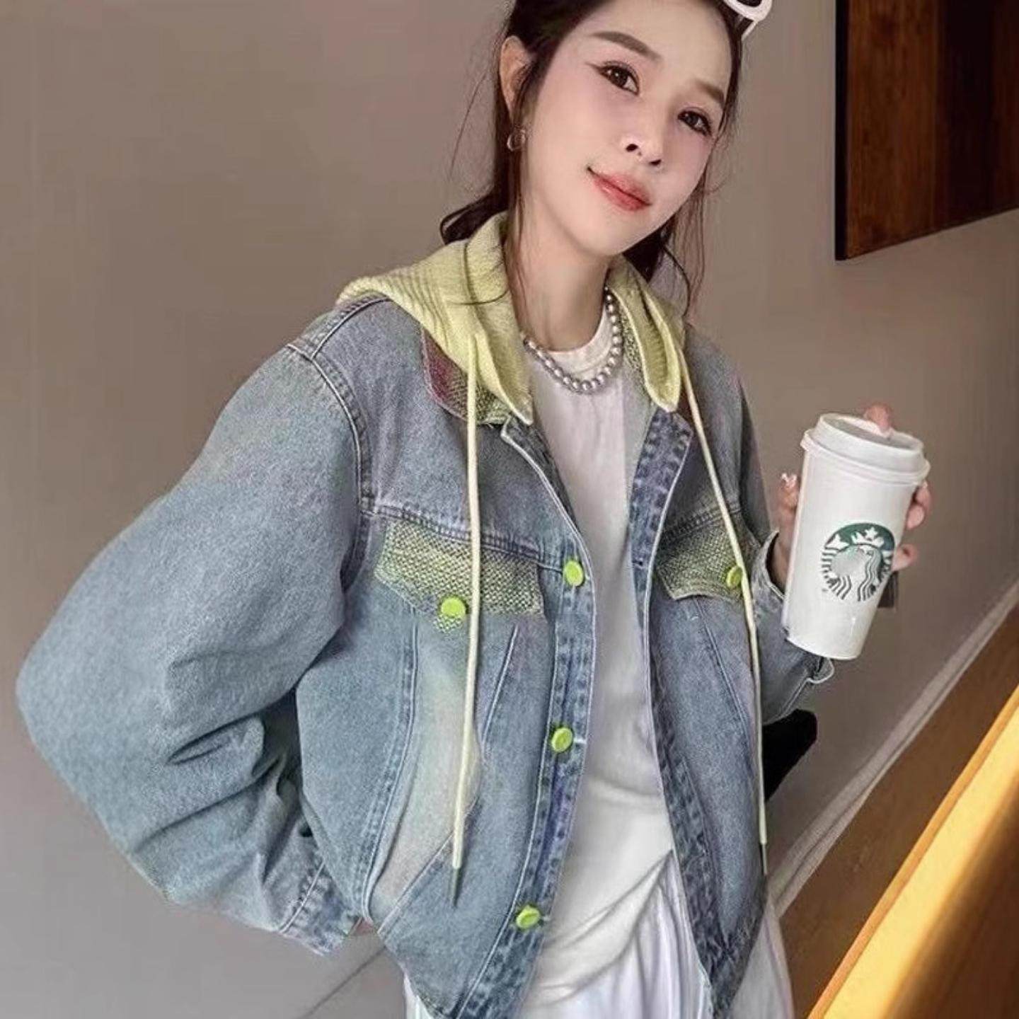 撞色针织连帽牛仔外套女2025春秋款新韩版洋气百搭休闲显瘦夹克上,淘宝优惠券,粉丝福利购,淘宝优惠卷