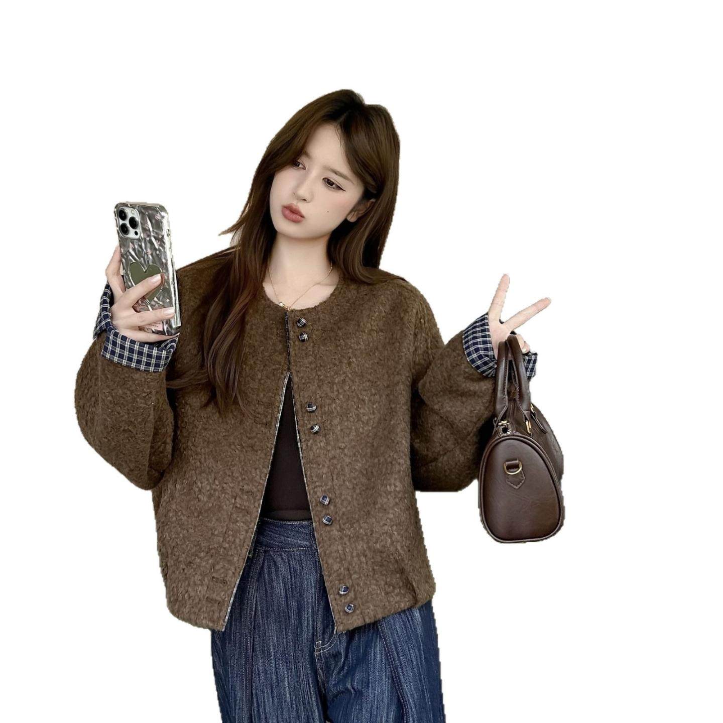 2025新款韩版小香风撞色圆领羊羔毛外套女高级感气质百搭短款上衣,淘宝优惠券,粉丝福利购,淘宝优惠卷