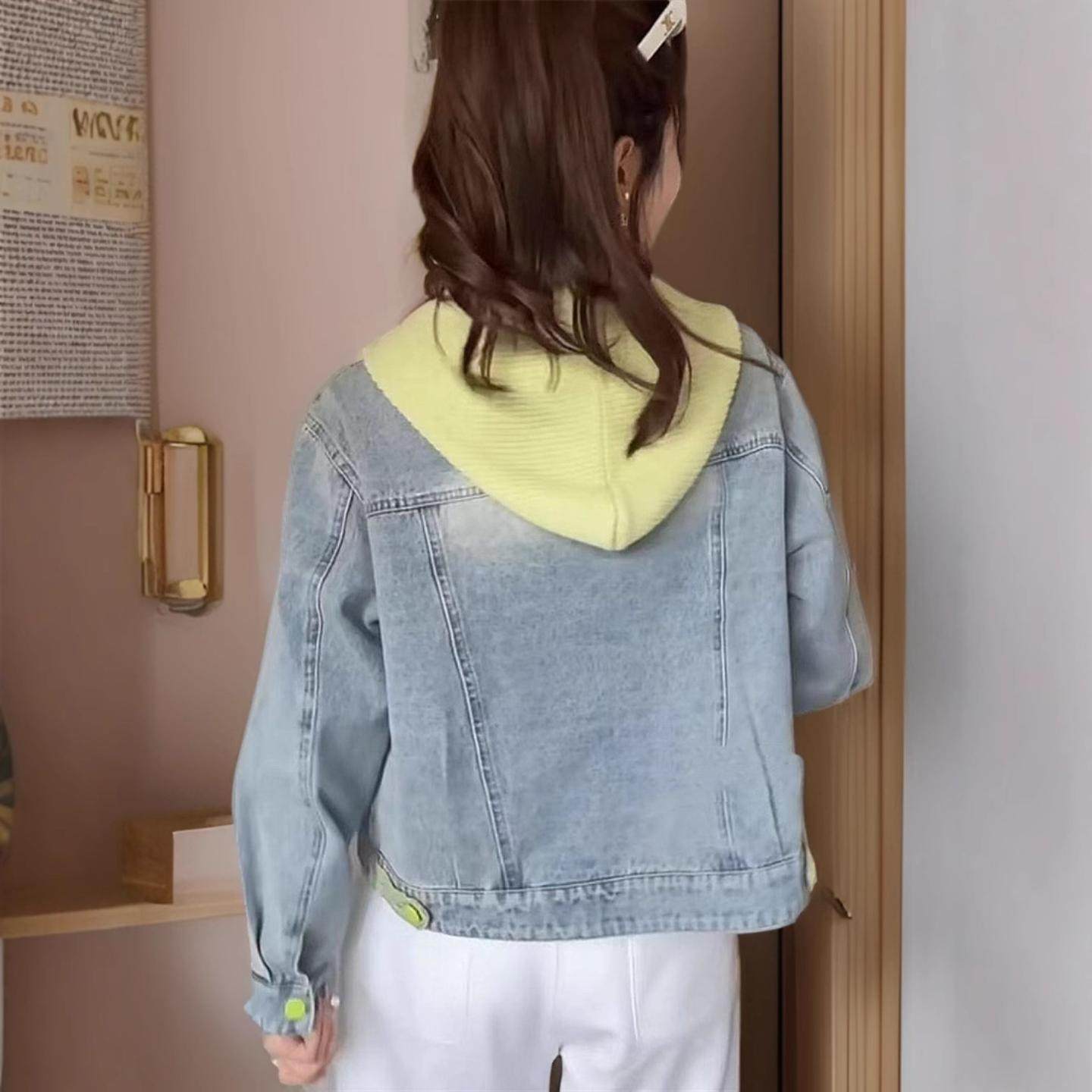 撞色针织连帽牛仔外套女2025春秋款新韩版洋气百搭休闲显瘦夹克上,淘宝优惠券,粉丝福利购,淘宝优惠卷