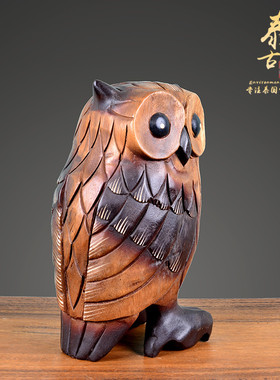 东南亚风格实木手工雕刻猫头鹰木雕泰国工艺品会所客厅摆件