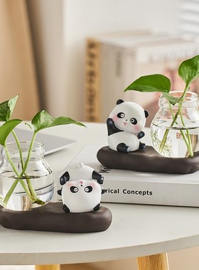 创意熊猫水培小摆件办公室好物女生电脑工位办公桌面装饰治愈解压